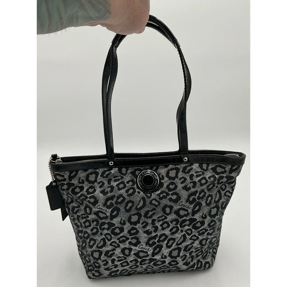 Coach F21061 Metallic Silver Black Gray Ocelot Animal Print Tote Bag Patent Trim